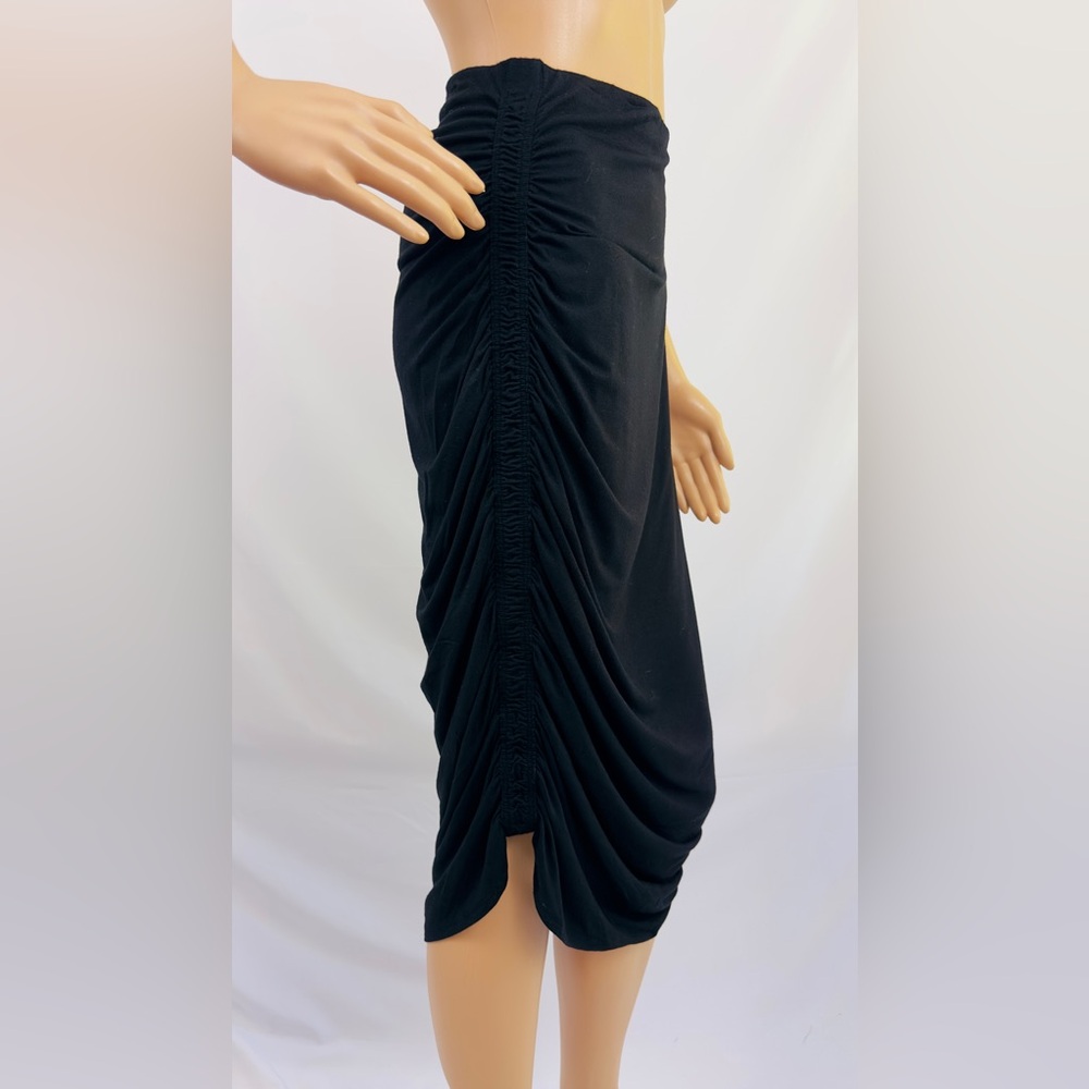 Halogen Very Black Stretchy Midi Skirt  Ruching Down Sides & Front Drapi…